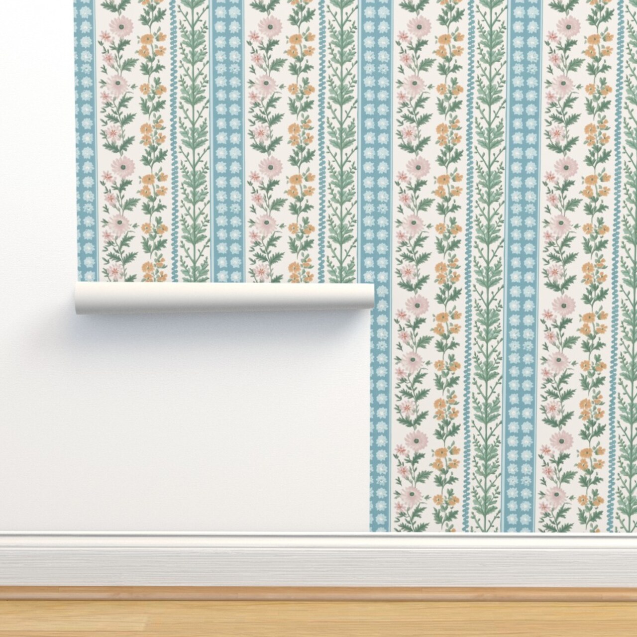 Floral Stripes Pink Green Blue Botanical Flowers Custom Pre-pasted Wallpaper by Spoonflower Pre-Pasted Wallpaper 2FT Wide